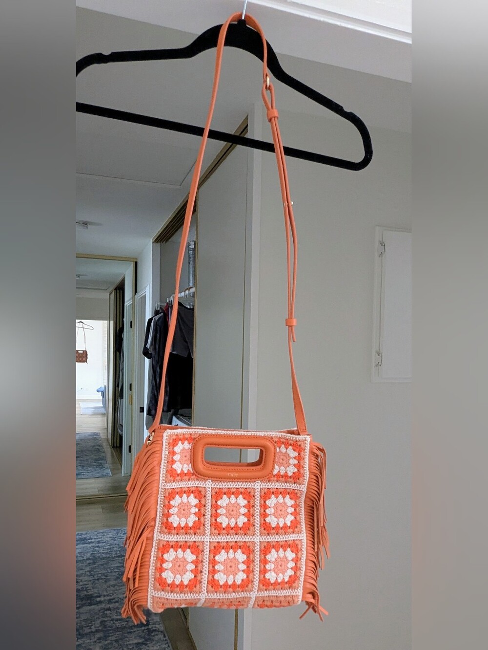 Maje Orange Crochet Fringe Crossbody Bag NWT